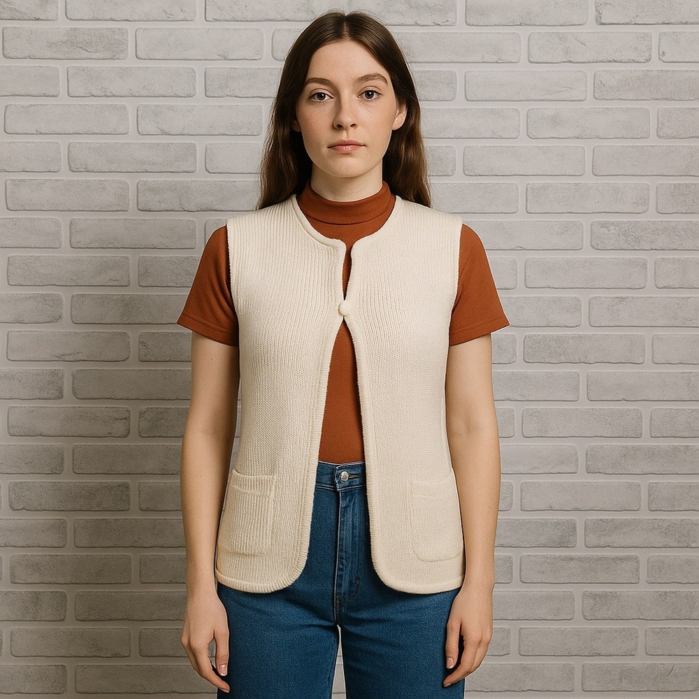 Vintage Sears White Knit Vest Sleeveless Acrylic Sweater Small Taiwan R.O.C. 70s